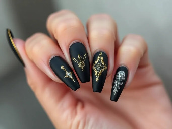 Coffin shaped Matte black nails with gold and silver designs