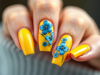 yellow nails with blue flowers on short nails. no french tip or nude base coat. easy flowers