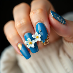 Blue and gold simple nails with 3d white flowers