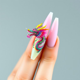 Long Stiletto Nail with design of the pastel rainbow Chinese dragon with rainbow spikes on top of the dragon