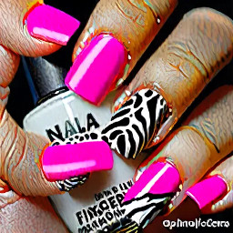 Tiny miniature workers in uniforms are carefully painting and detailing giant hot pink press-on nails with bold black leopard and zebra patterns, perfectly matching the exact nail designs from the reference image. Some workers use oversized paint brushes to refine the glossy animal-print texture, while others polish the nails with soft cloths to enhance the shiny finish. Tiny ladders and miniature platforms surround the oversized press-on nails inside a transparent nail case, as if the workers are maintaining a massive luxury beauty structure. Clean white background, surreal but photorealistic beauty commercial aesthetic, cinematic depth of field, ultra-detailed glossy textures, vibrant neon pink and deep black contrast, whimsical yet premium atmosphere, realistic lighting, macro product photography style, no extra nail designs, only the exact leopard and zebra print nails from the reference image visible.