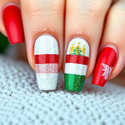 Can you please generate a nail design based on Hungary? Like Hungarian colors, flag etc. WARNING I DO NOT LIKE BASIC . A lot of design and stuff