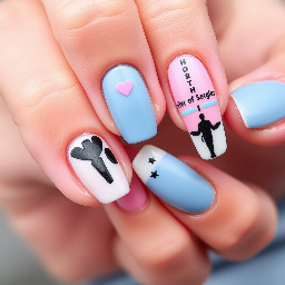 I'm trying to mock a Harry Styles manicure. I'm seeing him next Friday in New York City at MSG. His tour is called the "together together" tour and the album is called "disco occasionally, kiss all the time" and I'd like to do pink, blue and white as the color scheme . My shirt is light blue with a graphic that I'll include. I want to utilize my stamping plate too wth fun stamps from it