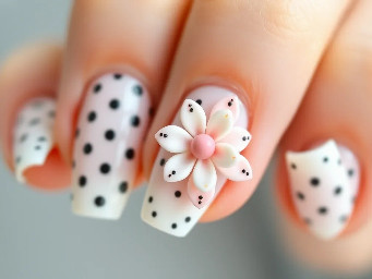black polka dots on white french tips on all five fingers the base is milky pinky nude my ring finger has a 3d flower the ends of thepetals are white with polka dots on the tips of the petals and on the middle going down the petals are pinkier and for the middle of the flowerthere are three folden little balls.