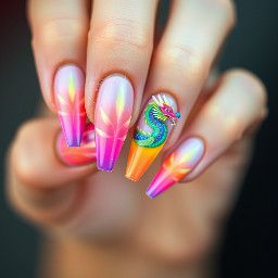 Stiletto Nail with design of pastel rainbow Chinese dragon with rainbow spikes