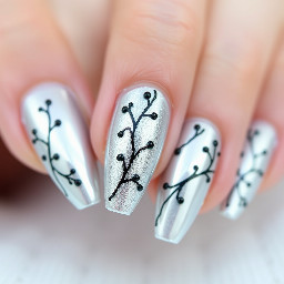 Silver chrome nails with delicate, hand-painted black vine patterns and tiny clear crystal accents, high-shine finish