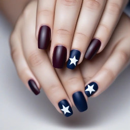 Dark maroon nails with navy blue ring finger with white star outline