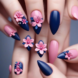 Pink and navy blue almond nails set with 3-D flowers, 3-D designs