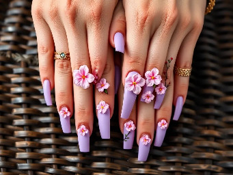 Ultra-realistic close-up macro photograph of two hands with long stiletto-shaped acrylic nails, clasped together showing all ten fingers. Nails are painted in a soft lavender-purple matte polish with a glossy finish. Each nail features hand-sculpted 3D pink sakura cherry blossom flowers made of acrylic gel, with five-petaled blossoms in soft pink gradient shading (light pink center to deeper pink edges), tiny yellow-dotted stamens at the flower centers, and delicate hand-painted green leaves alongside thin dark brown tree-branch line art with small red berry accents on some nails. The 3D flowers have realistic dimensional texture and subtle shadow depth, appearing raised off the nail surface. Hands rest on a dark woven wicker/rattan textured surface. Fingers are adorned with delicate gold rings and one blue gemstone ring, with a woven friendship bracelet visible on one wrist. Soft, warm, natural studio lighting highlights the glossy nail polish sheen and the matte-to-gloss contrast between the base color and the floral appliqués. Skin has realistic natural texture, pores, and subtle color variation. Shot in high-resolution macro photography style, shallow depth of field with slight softness at the edges of the frame, professional nail art photography aesthetic.  Negative prompt guidance: no extra fingers, no warped hand anatomy, no flat/2D-looking flowers, no plastic shine, no blurry details on the floral design, no unrealistic proportions.