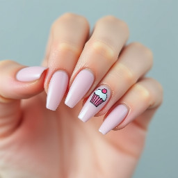 A crisp, detailed close-up photo of a teenager's hand showing off a fresh manicure. The nails are short, almond-shaped with a sheer milky pink base. Must incorporate 14 and cupcakes. Birthday nails. Must be fun and have a design on every nail.