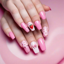 Coquette ballerina/coffin shaped nails with french tips and pink bow charms. Everything has to be pink vibes. One nail has a pink J on it and another a strawberry cow pattern