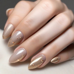 Aesthetic Short Almond Cat-Eye Nail Set  Short almond-shaped nails featuring a luxurious magnetic cat-eye effect with a soft velvet finish. The base is a sheer milky nude overlaid with a shimmering champagne, rose gold, and pearlescent cat-eye polish that shifts beautifully in the light. Each nail has a delicate glazed chrome sheen for extra depth. Accent nails feature tiny gold stars, micro pearls, and subtle crystal accents near the cuticles, while ultra-thin metallic gold outlines add an elegant touch. The overall color palette is soft, dreamy, and neutral with warm champagne tones, creating a clean-girl, coquette-inspired aesthetic. Finished with a high-gloss top coat for a sophisticated, salon-quality look that is timeless, feminine, and effortlessly chic.
