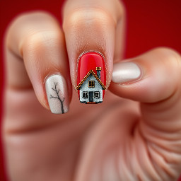 give me a blood red background long with a small house on the right