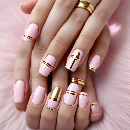 squoval nails. light pink french tips on pinky index and thumb with a thin line of gold chrome lining the bottom of the tip. solid light pink on middle finger with vertical gold chrome stripes. solid light pink on ring finger with gold chrome bow in the middle design me these nails and give me an image