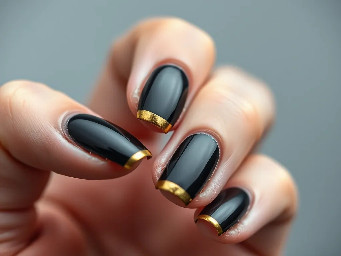 Black almond nails with a gold French tip
