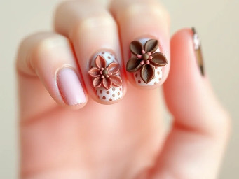 almond, polka dot brown pink 3d flowers on middle finger and thumb only ,short