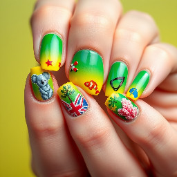 Generate an image of a nail design, all 10 nails, for an Australian trip inspo. Unify the nails with Australia's national colors of green and yellow in the background - ombre, standalone. Each nail should feature a distinctly Australian element - a koala, the clownfish, boomerang, coral (from the great barrier reef), etc. you can mix 3D elements and painted elements, but favor 3D where possible.