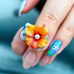 medium-long almond nails, 1-2 nails have a bright colored 3d hibiscus flower with pearl in the middle, other nails are ocean/cruise themed, all bright colors and all different designs