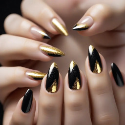 Nail set with slightly sparkly black French tips and a line of chrome gold in between the black tip and basic nail on every finger with a medium almond shaped nail.