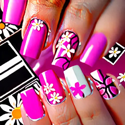 pink chrome nails on soft squares somewhat short length with white flowers