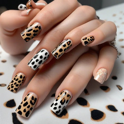 square nails, Y2K vibe, no charms, no black or white, each nail has a different y2k design, middle fingers should have French tip, at least one nail should have cheetah print, no black, white or brown