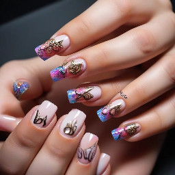 long square nails- ring finger must have OM sign, for the rest of the fingers you can freestyle. make them french tips, must follow shivadelic vibe