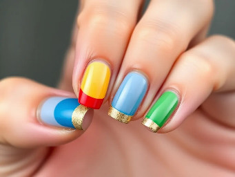 Make one a blue French tip one a yellow French tip one a red French tip and one a green French tip and a gold pinkie