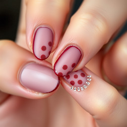 almond shape maroon nail with brown polka dots