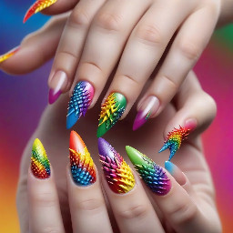 Nail with design of rainbow Chinese dragon with rainbow spikes