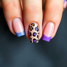 A summer-themed manicure with a nude base for most nails, and using colors like blue and beige cateye, as well as solid purple. Nail art can include leopard print, 3D designs, french tips etc
