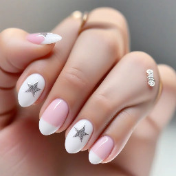 Nail design inspo to show the nail tec. Classic white and pink short almond/oval shaped French tip nails that has a 4 point star and a hidden Mickey outline in white located on the ring finger