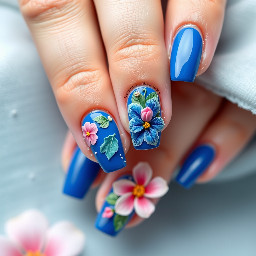 A deep royal blue and baby blue nails with 3d flowers and exotic nail art