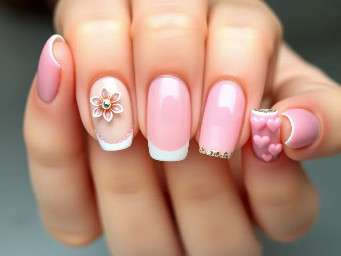 I want the thumb to have a milky pink base with an acrylic flower on it with a gem in the middle, the index fingered have a sheer nude base with a light pink French tip and tiny pink dots along the smile line, I want the middle to be solid pink base with a chrome on it, the ring to have an ombre pink to light pink effect with gold flakes on it near the cuticle and the thumb with mini pink hearts in a bunch of different light colored pink colors