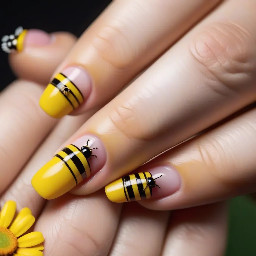 make me a nail set with black and yellow stripes on the pinky and pointer finger,  dasies on the middle finger and the ring finger, and on the thumb but a tiny bee