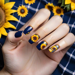 September nails, sunflowers and navy French tips with some nails navy and yellow plaid