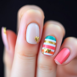 thumb is a.shimmer gold .ring finger is a soft gold, pointer finger coral with. teal and gold .tiny hearts pinky is coral stripes bu als has s couple tiny hearts in gold an teal.