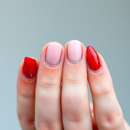 Red pointer finer nail, pinky nail and thumb nail. Light pink middle finger nail and ring finger nail. Red sideways tip on middle finger nail and finger finger nail