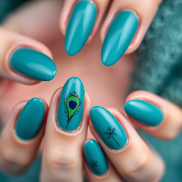 I want almond shaped dip nails with medium length extension, with a design in peacock teal