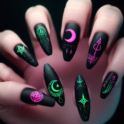 black matte stiletto nails with glowing neon pink and green sigils, occult symbols, crescent moons, summoning circle design, high contrast, dark background, futuristic witch aesthetic, ultra detailed, glossy glow effects
