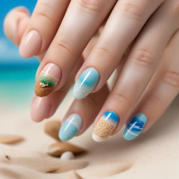 beachy nails simple but different designs for each nail, almond, med length