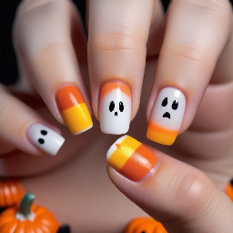 Halloween nails, pumpkin, candy corn, ghosts, patches