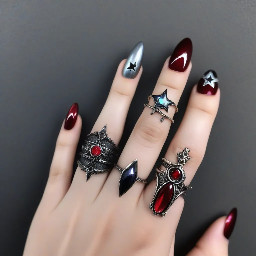 GENERAL REQUIREMENTS  * Extension type: PVC gel extensions, similar to press-on extensions. * Shape: Medium almond. * Color palette: Black, red, and silver, alternating across the nails. * Overall aesthetic: Gothic, dark, mystical, celestial, elegant, and slightly edgy, with metallic details and gemstones. * Finishes: Cat-eye, glass-effect, and metallic finishes, depending on the design of each nail. * Decorations: Fine-line artwork, chains, stars, moons, gemstones, and intricate symbols.  I’d like every nail to have its own unique design while still looking cohesive as a complete set. I’m happy for you to adjust the placement, proportions, and smaller details to ensure the designs look beautiful and aren’t too overcrowded.  LEFT HAND  1. Thumb — Snake & Infinity  * Black cat-eye base, possibly incorporating dark red, depending on what looks best. * A snake design. * A separate infinity symbol. * One small white gemstone placed on the infinity symbol. * One red gemstone on the snake’s head.  Important: The snake and infinity symbol should be two separate elements, not combined into one design.  2. Index Finger — Metal Cage & Heart  * Black cat-eye base. * A cage-like design at the tip, resembling an intricate iron or metal cage. * A red heart in the center, framed by a silver metallic border. * An eight-pointed starburst design. * One small black or white gemstone in the center of the starburst.  I’d like this nail to look dark, sharp, and slightly industrial, with the red heart serving as the focal point.  3. Middle Finger — Celestial Night Sky  * Silver base. * Scattered stars to create a celestial, night-sky effect. * One small crescent moon. * A curved, rainbow-like band in shades of blue, purple, and black. * A small silver Chi (Χ) symbol, representing the Roman numeral X (10). * A tiny silver wine glass. * The Roman numeral X incorporated along the curved band.  Please keep the elements delicate and balanced so the design doesn’t become too busy.  4. Ring Finger — Number 21 Pool Ball  * Red cat-eye base. * A black billiard ball inspired by an eight-ball design. * The number 21 displayed clearly in the center of the ball instead of the usual number.  I’d like the ball to look recognizable as a pool ball, with the number 21 as its defining detail.  5. Pinky — Black Glass & Celestial Flames  * Black glass-effect base. * A moon and stars. * Small gemstones incorporated into the celestial elements. * Silver flame-like details at the bottom of the nail.  The overall effect should feel mystical, dark, and slightly magical.  ⸻  RIGHT HAND  1. Thumb — Silver Chains & Stars  * Black base. * Silver chain details. * A star-shaped chain charm or star charm. * Optionally, one tiny red heart.  I’m unsure whether adding the red heart would make the design too crowded, so please use your judgment. If the heart doesn’t complement the composition, I’m happy to leave it out.  2. Index Finger — Rose Pattern & Custom Sigil  * Red base with a detailed rose pattern. * Place the exact symbol from my attached reference image prominently in the center. * Preserve the original design as closely as possible, including its intricate geometric lines, heart shape, intersecting cross-like elements, and diamond-shaped details. * The symbol should be rendered in antique gold or brushed gold, rather than silver.  Important design notes:  * Please use the uploaded image as the primary reference for the symbol. * Keep the symbol recognizable and preserve its proportions and intricate linework. * The rose pattern should act as the background rather than compete with the symbol. * Gold should be reserved primarily for this symbol, making it the statement design of the entire set.  I’d like this nail to resemble an intricate, antique mystical sigil against deep red roses.  3. Middle Finger — Moon Phases & Crown  * Black-and-red glass-effect base. * A three-moon-phase design arranged in this order: 🌒 🌕 🌘 * If possible, incorporate a crown into the composition.  I’m not entirely sure how to combine the moon phases and crown, so I’d love your creative input. Please make the elements flow naturally together without overcrowding the nail.  The overall aesthetic should feel regal, celestial, and mysterious.  4. Ring Finger — Eight-Pointed Star  * Silver base. * One black eight-pointed starburst in the center. * One red gemstone in the center of the star.  Please make the star symmetrical, sharp, and clearly defined against the silver background.  5. Pinky — Queen’s Crown & Sword  * A queen’s crown and a sword. * The crown should look elegant and regal, with white gemstones. * The sword should feature a red gemstone in its center. * Add a few small blood-drop details near the tip of the sword.  I’d like this design to feel dark, royal, and powerful, with the white and red gemstones creating contrast against the darker aesthetic.  ⸻  FINAL DESIGN DIRECTION  The overall concept is a combination of dark gothic elegance, celestial symbolism, mystical imagery, and royal elements.  Please prioritize the following:  1. Cohesion: All ten nails should look like parts of the same collection, even though each nail has a different design. 2. Color balance: Black, red, and silver should remain the dominant colors. Gold should be a special accent, primarily reserved for the sigil on the right index finger. 3. Fine details: I love intricate designs, but I still want the main symbols to be recognizable and visually clear. 4. Gemstones: Please use them strategically to highlight important details rather than placing too many gems on every nail. 5. Visual hierarchy: The most intricate designs should remain the focal points, particularly the gold sigil, snake, cage and heart, and crown and sword. 6. Practicality: Since these are medium almond nails, please adjust the scale of the artwork to fit the available nail surface while preserving the important details.  I’m open to your professional suggestions if any elements need to be simplified, repositioned, or adjusted to make the set look more elegant.  The most important thing is to preserve the overall concept and the key details of each nail while making the entire set look cohesive, detailed, and beautifully executed.