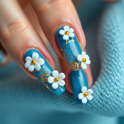Blue and gold simple nails with 3d white flowers