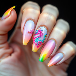 Stiletto Nail with design of pastel rainbow Chinese dragon with rainbow spikes