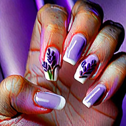 A realistic image of one female hand naturally showing all five nails. Each nail has a white french tip lightly airbrushed with a lavender color. The ring fingers also have a realistic lavender sprig drawn on curving with the shape of the nail