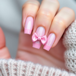pastel pink french tip nails with a rouge pink bow on the ring finger