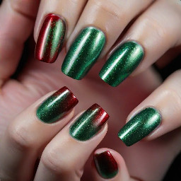 Green shimmer polish on four nails and one nail in shimmery red