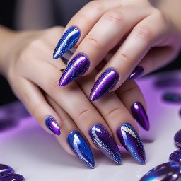 design some inspo nail art with the following tags: almond, oil spill, chrome line art, gemstones, rhinestones, purple magnetic gel, iridescent blue-purple gel