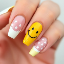 White French tips with white stars and on one of the fingers has a yellow base with a smiley face on it