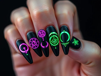 black matte stiletto nails with glowing neon pink and green sigils, occult symbols, crescent moons, summoning circle design, high contrast, dark background, futuristic witch aesthetic, ultra detailed, glossy glow effects